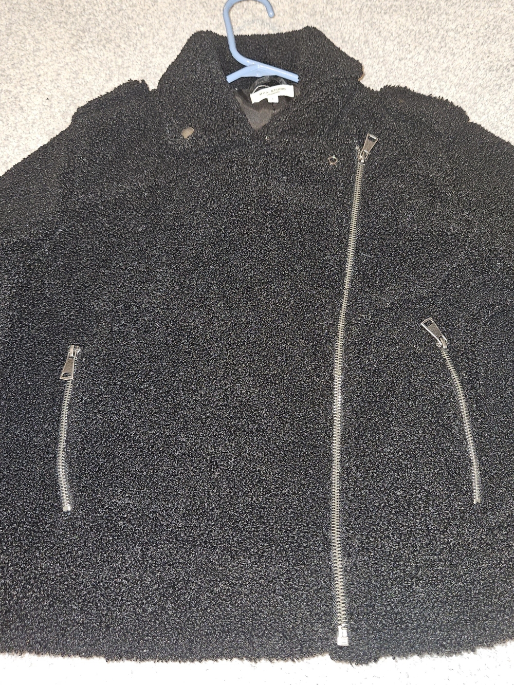 Max Studio Black Teddy Moto Jacket with Diagonal Zipper